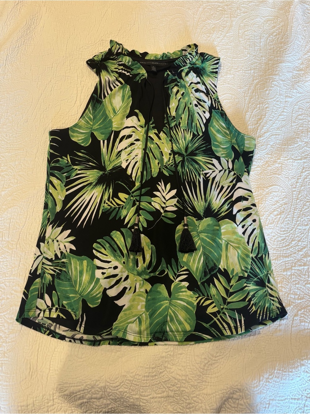 White House Black Market Black Camisole with Green Tropical Leaf Print